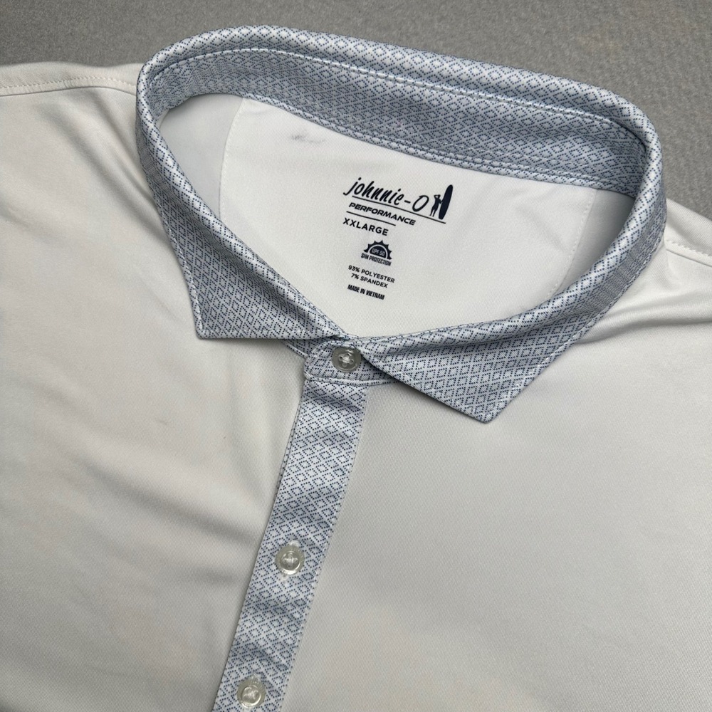 Johnnie-O Performance Polo Mens XXLarge White Blue Diamond Collar UPF 50 Stretch